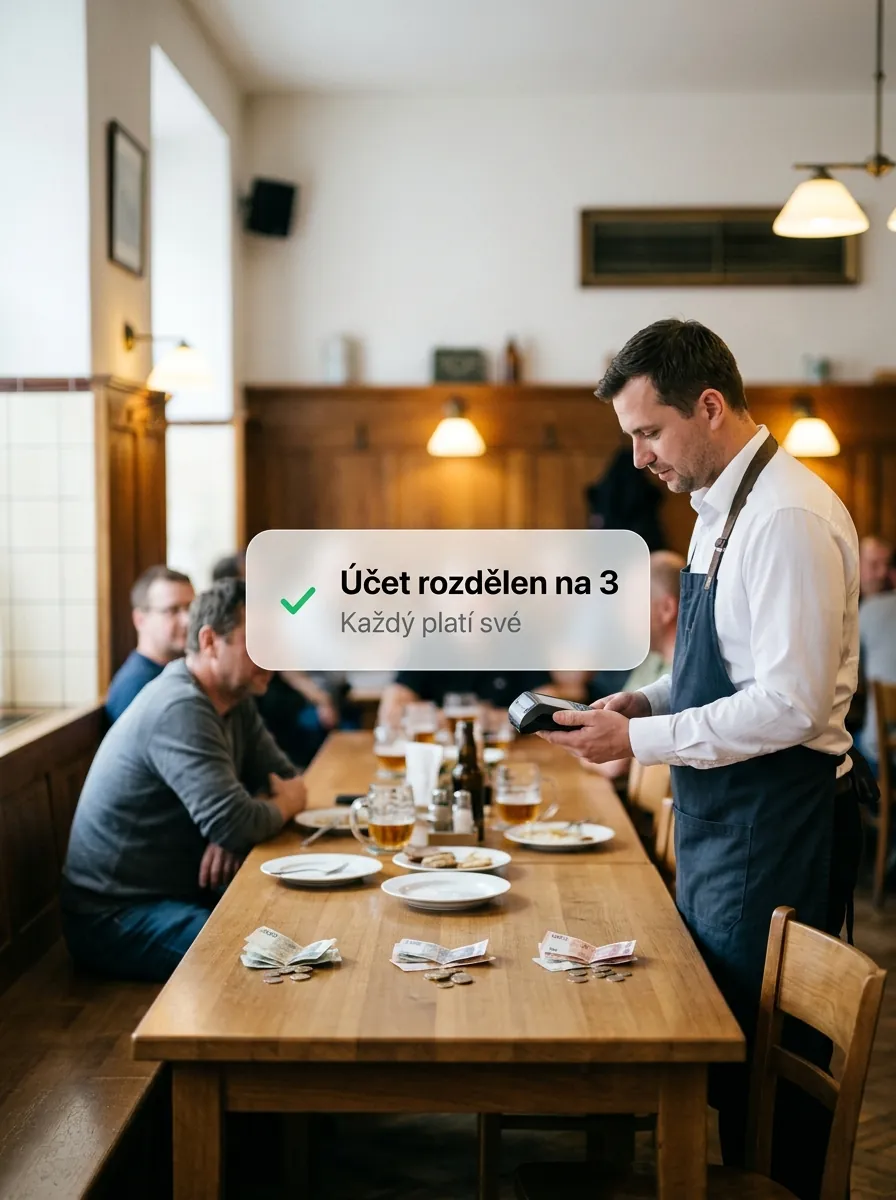 Tři hosté ve světlém sále, účet rozdělený na tři