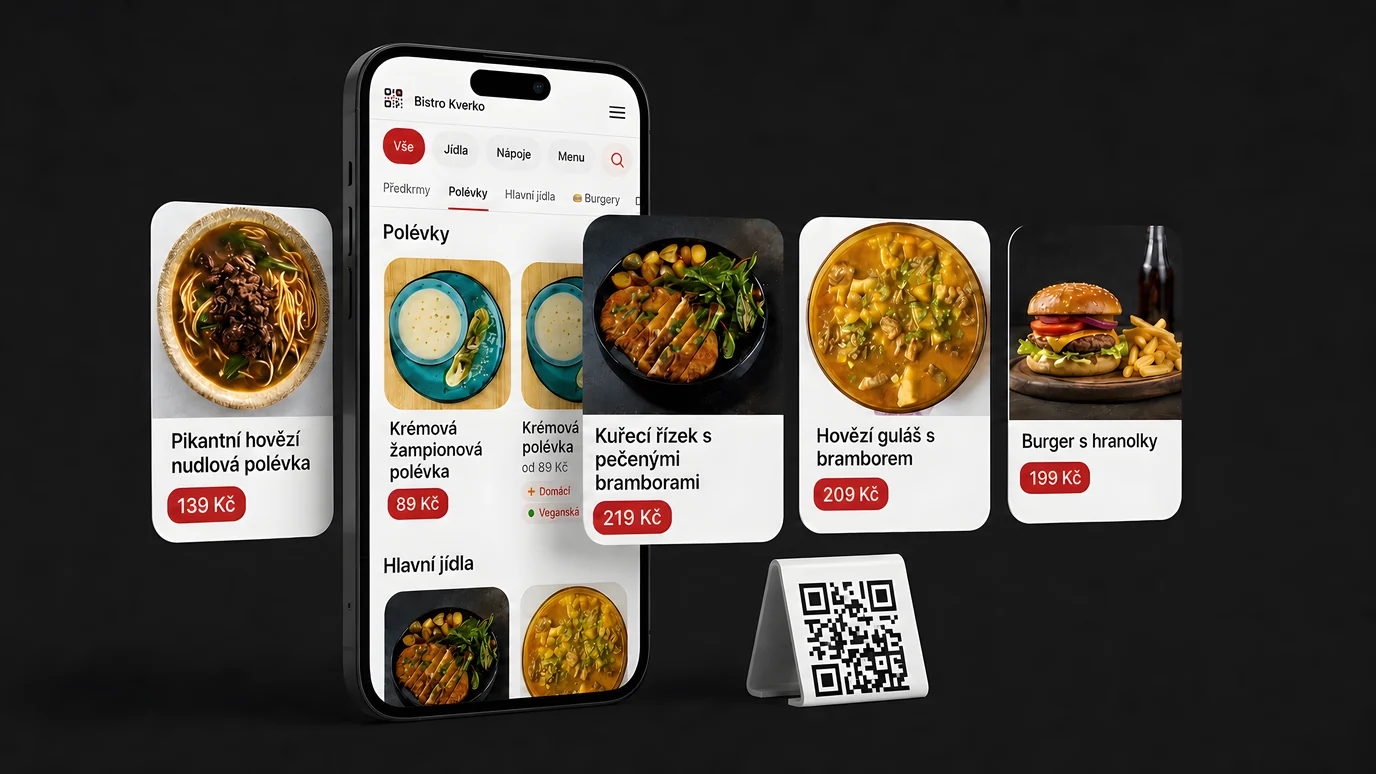 Mobilní menu Kverko s fotkami jídel a QR stojánkem na stole